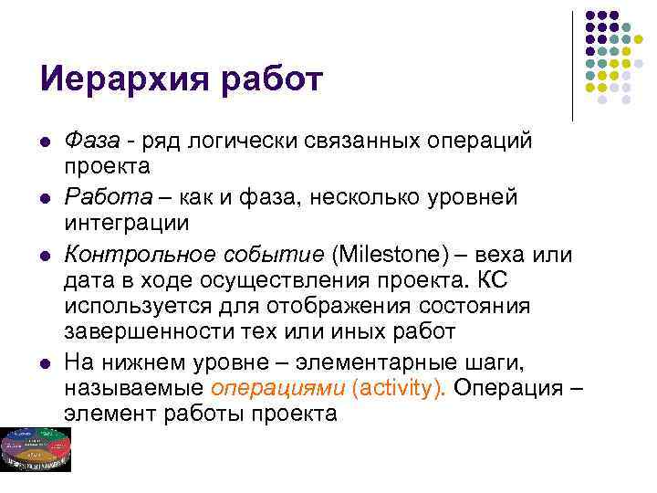 Иерархия работ l l Фаза - ряд логически связанных операций проекта Работа – как