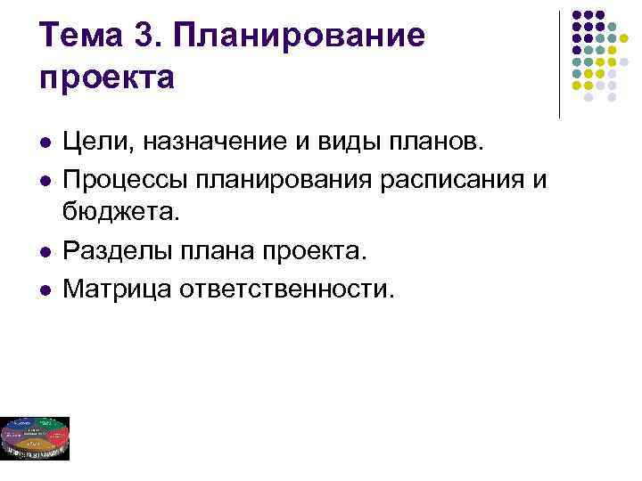 Тема 3. Планирование проекта l l Цели, назначение и виды планов. Процессы планирования расписания