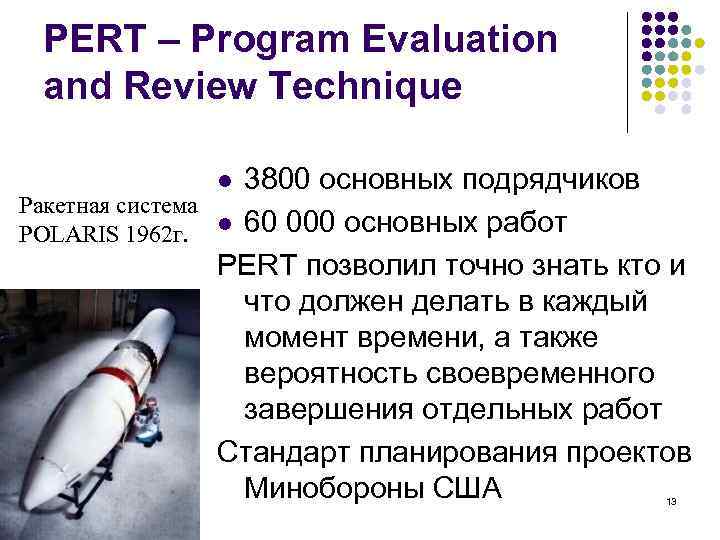 PERT – Program Evaluation and Review Technique Ракетная система POLARIS 1962 г. 3800 основных