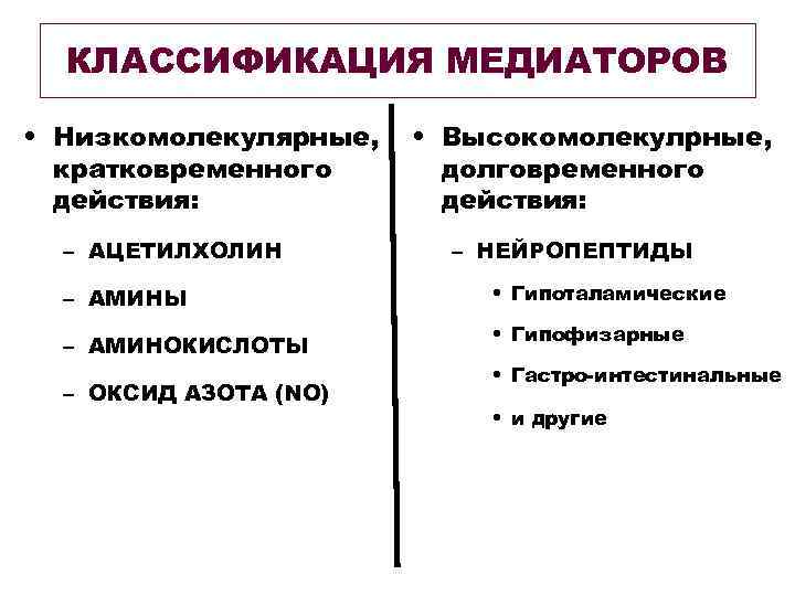 КЛАССИФИКАЦИЯ МЕДИАТОРОВ • Низкомолекулярные, кратковременного действия: – АЦЕТИЛХОЛИН • Высокомолекулрные, долговременного действия: – НЕЙРОПЕПТИДЫ