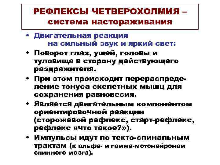 РЕФЛЕКСЫ ЧЕТВЕРОХОЛМИЯ – система настораживания • Двигательная реакция на сильный звук и яркий свет: