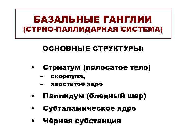БАЗАЛЬНЫЕ ГАНГЛИИ (СТРИО-ПАЛЛИДАРНАЯ СИСТЕМА) ОСНОВНЫЕ СТРУКТУРЫ: • Стриатум (полосатое тело) – – скорлупа, хвостатое