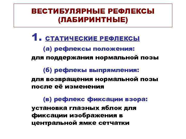 ВЕСТИБУЛЯРНЫЕ РЕФЛЕКСЫ (ЛАБИРИНТНЫЕ) 1. СТАТИЧЕСКИЕ РЕФЛЕКСЫ (a) рефлексы положения: для поддержания нормальной позы (б)