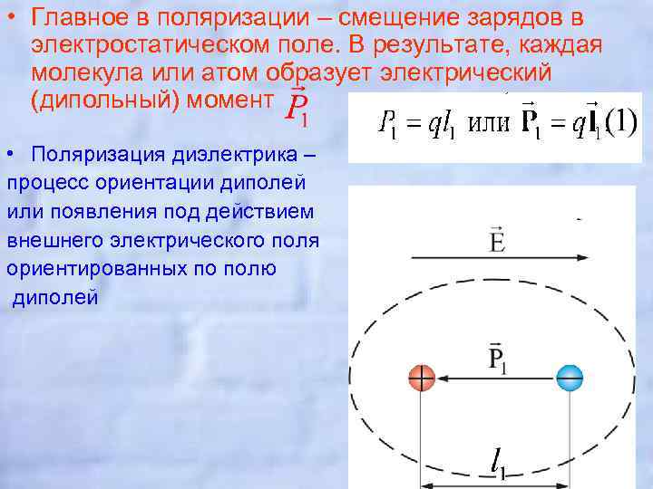  • Главное в поляризации – смещение зарядов в электростатическом поле. В результате, каждая