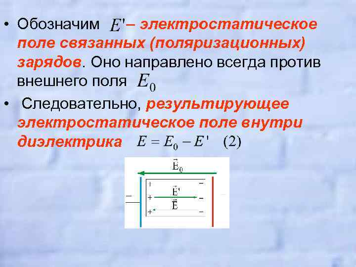  • Обозначим – электростатическое поле связанных (поляризационных) зарядов. Оно направлено всегда против внешнего