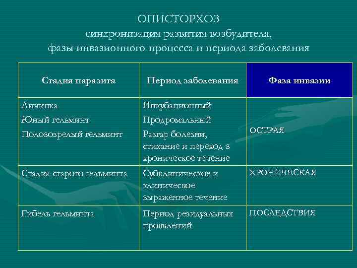 ОПИСТОРХОЗ синхронизация развития возбудителя, фазы инвазионного процесса и периода заболевания Стадия паразита Период заболевания