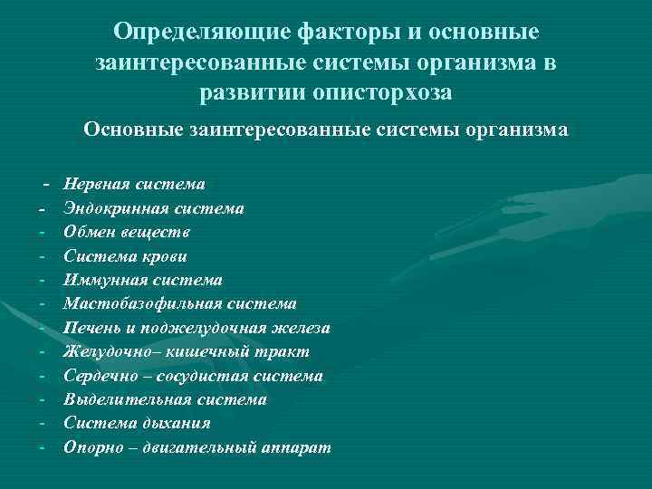 Определяющие факторы и основные заинтересованные системы организма в развитии описторхоза Основные заинтересованные системы организма