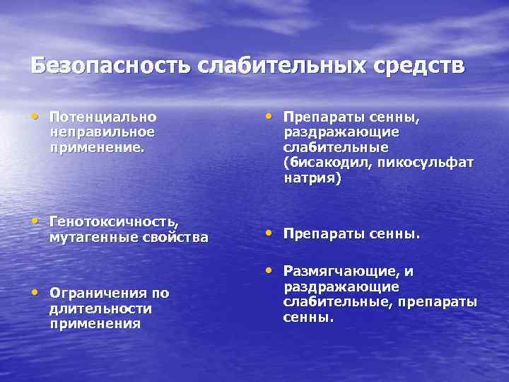 Безопасность слабительных средств • Потенциально неправильное применение. • Генотоксичность, мутагенные свойства • Препараты сенны,
