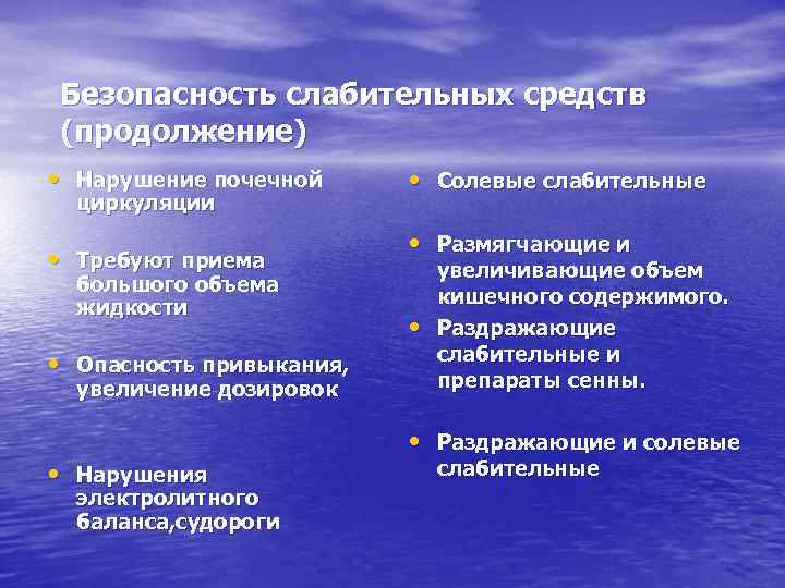 Безопасность слабительных средств (продолжение) • Нарушение почечной циркуляции • Требуют приема большого объема жидкости