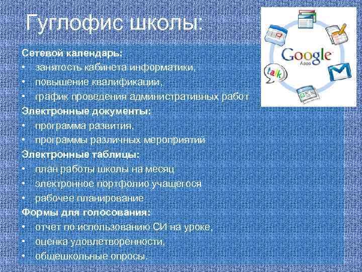 Гуглофис школы: Сетевой календарь: • занятость кабинета информатики, • повышение квалификации, • график проведения