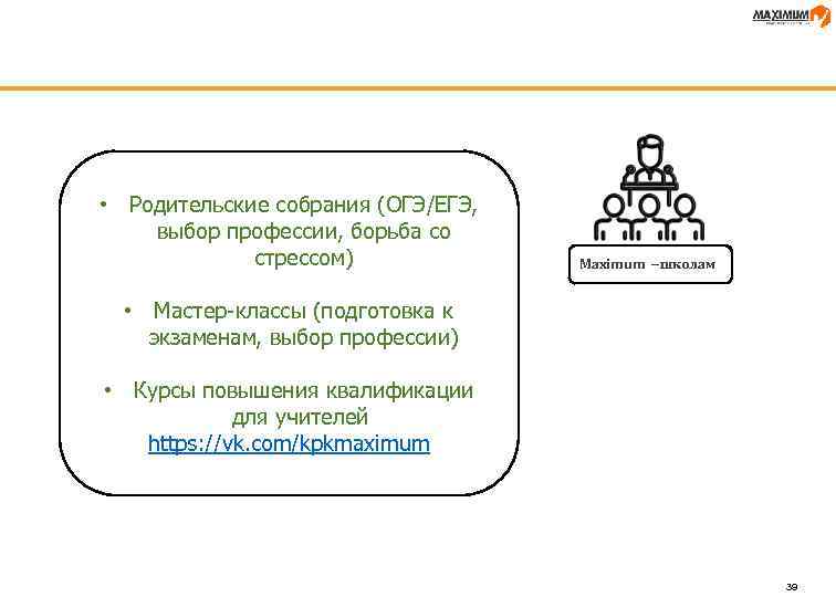  • Родительские собрания (ОГЭ/ЕГЭ, выбор профессии, борьба со стрессом) Maximum –школам • Мастер-классы