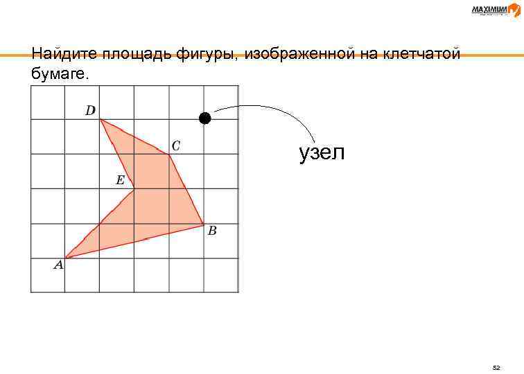 Найдите площадь фигуры, изображенной на клетчатой бумаге. узел 52 