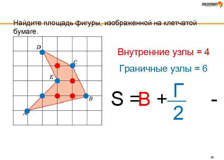 Найдите площадь фигуры, изображенной на клетчатой бумаге. Внутренние узлы = 4 Граничные узлы =