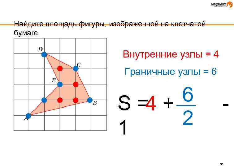 Найдите площадь фигуры, изображенной на клетчатой бумаге. Внутренние узлы = 4 Граничные узлы =
