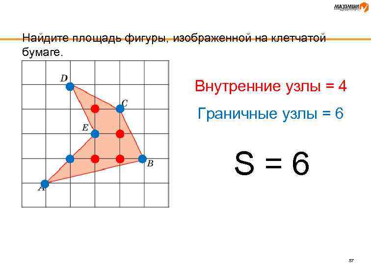 Найдите площадь фигуры, изображенной на клетчатой бумаге. Внутренние узлы = 4 Граничные узлы =