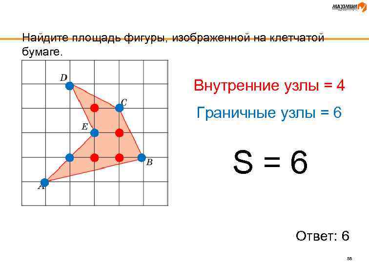 Найдите площадь фигуры, изображенной на клетчатой бумаге. Внутренние узлы = 4 Граничные узлы =