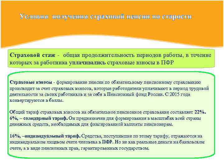 Условия получения страховой пенсии по старости Страховой стаж - общая продолжительность периодов работы, в