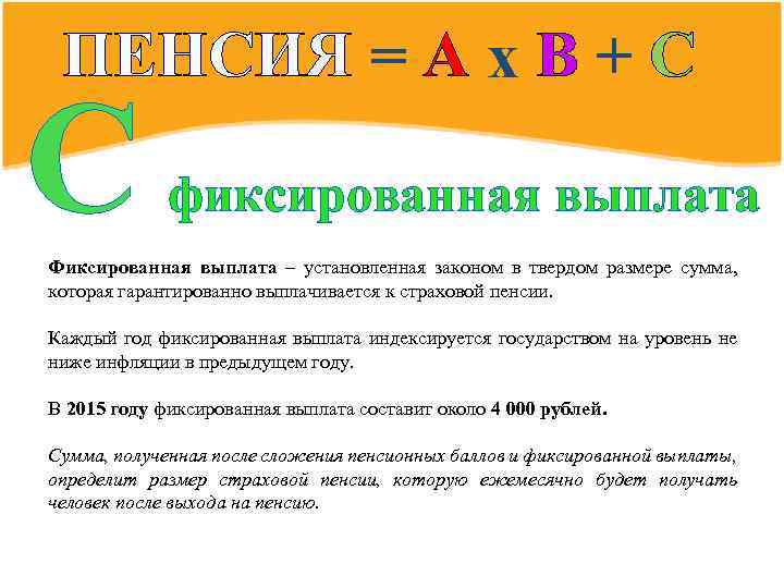 ПЕНСИЯ = А х В + С С фиксированная выплата Фиксированная выплата – установленная