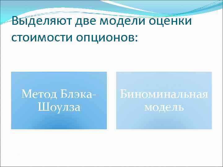 Выделяют две модели оценки стоимости опционов: Метод Блэка. Шоулза Биноминальная модель 
