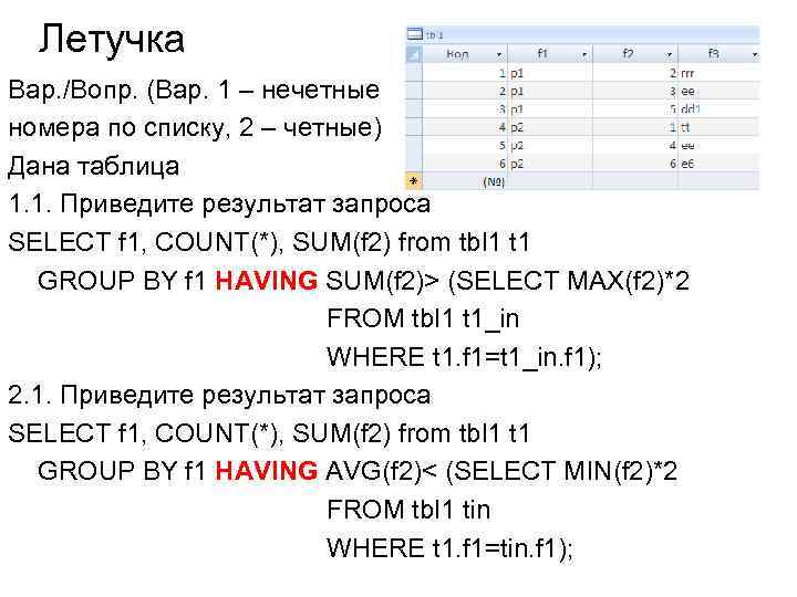 Летучка Вар. /Вопр. (Вар. 1 – нечетные номера по списку, 2 – четные) Дана