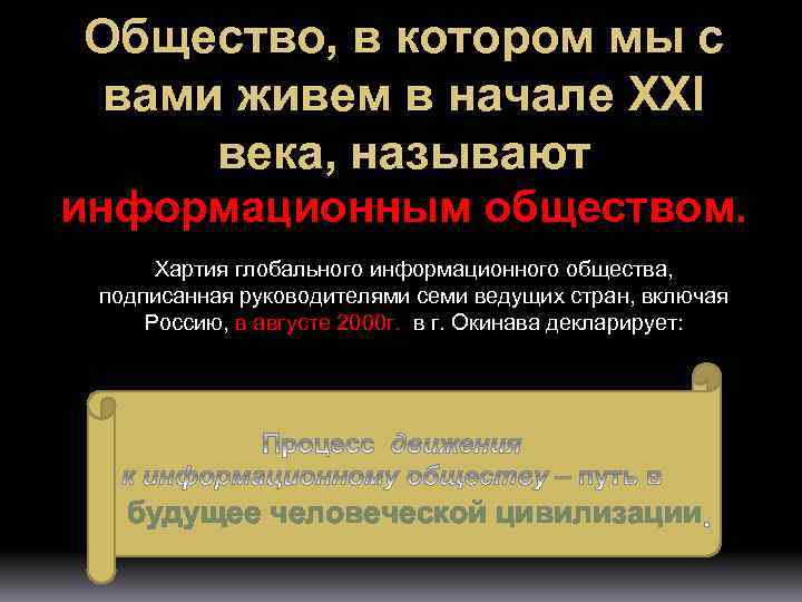 Общество, в котором мы с вами живем в начале XXI века, называют информационным обществом.