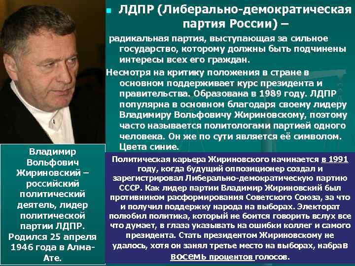  Владимир Вольфович Жириновский – российский политический деятель, лидер политической партии ЛДПР. Родился 25