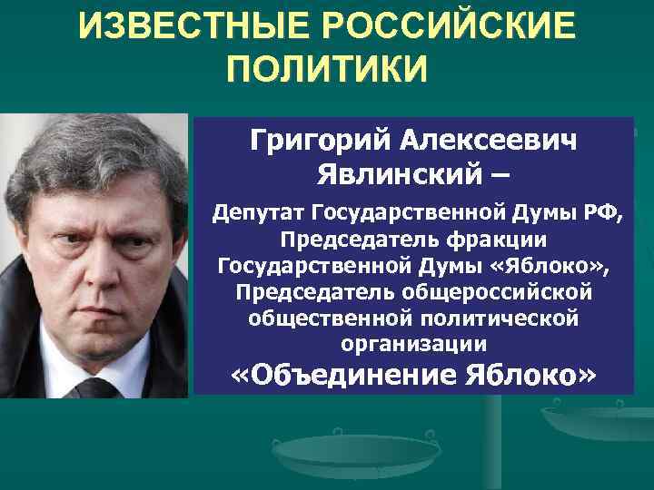 ИЗВЕСТНЫЕ РОССИЙСКИЕ ПОЛИТИКИ Григорий Алексеевич Явлинский – Депутат Государственной Думы РФ, Председатель фракции Государственной