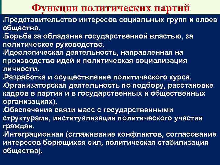 Функции политических партий Представительство интересов социальных групп и слоев общества. Борьба за обладание государственной