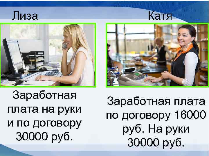 Лиза Заработная плата на руки и по договору 30000 руб. Катя Заработная плата по