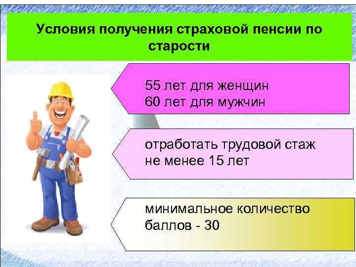 Условия получения страховой пенсии по старости 55 лет для женщин 60 лет для мужчин