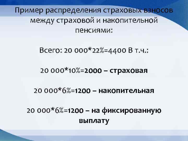 Пример распределения страховых взносов между страховой и накопительной пенсиями: Всего: 20 000*22%=4400 В т.