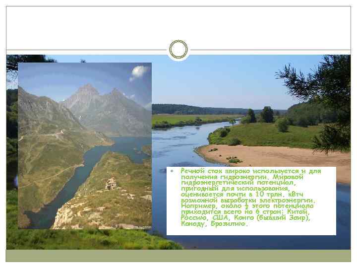  Речной сток широко используется и для получения гидроэнергии. Мировой гидроэнергетический потенциал, пригодный для