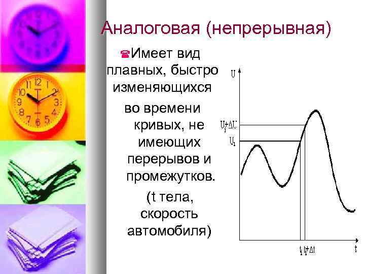 Аналоговая (непрерывная) Имеет вид плавных, быстро изменяющихся во времени кривых, не имеющих перерывов и