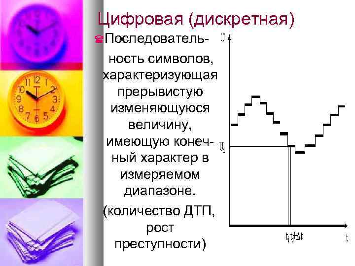 Цифровая (дискретная) Последователь- ность символов, характеризующая прерывистую изменяющуюся величину, имеющую конечный характер в измеряемом