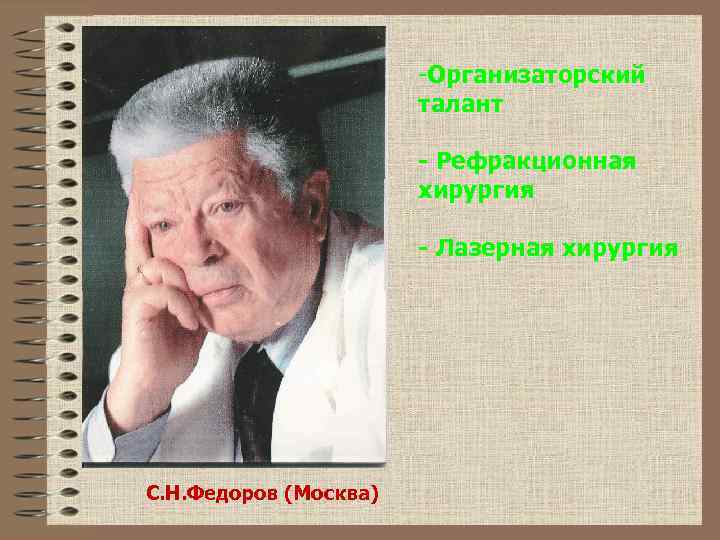  -Организаторский талант - Рефракционная хирургия - Лазерная хирургия С. Н. Федоров (Москва) 