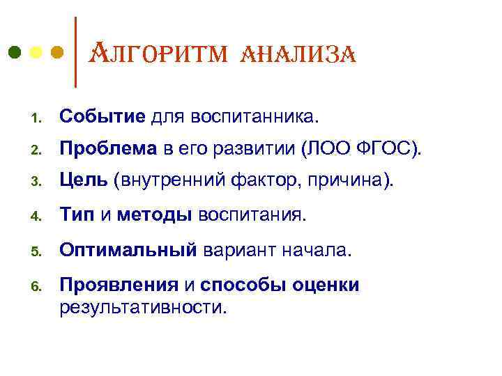 Алгоритм анализа 1. Событие для воспитанника. 2. Проблема в его развитии (ЛОО ФГОС). 3.