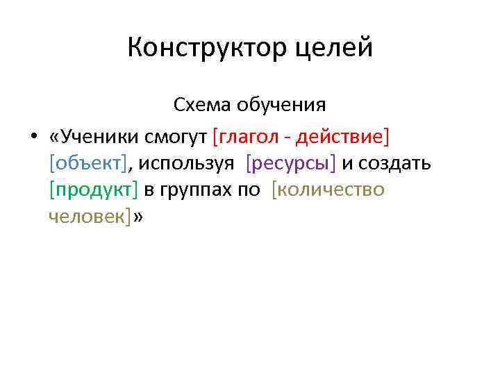 Конструктор целей Схема обучения • «Ученики смогут [глагол - действие] [объект], используя [ресурсы] и