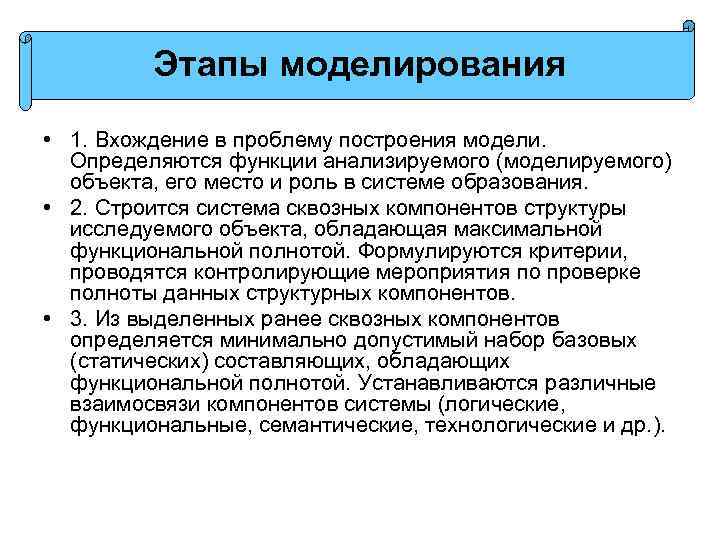 Этапы моделирования • 1. Вхождение в проблему построения модели. Определяются функции анализируемого (моделируемого) объекта,