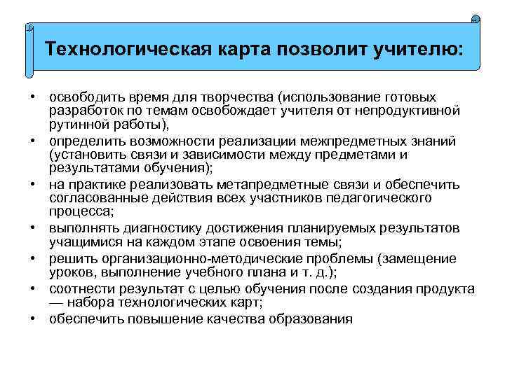 Технологическая карта позволит учителю: • освободить время для творчества (использование готовых разработок по темам