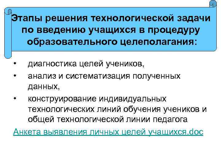 Этапы решения технологической задачи по введению учащихся в процедуру образовательного целеполагания: • • диагностика