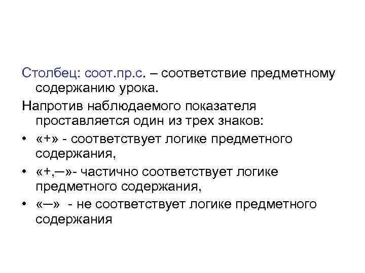 Столбец: соот. пр. с. – соответствие предметному содержанию урока. Напротив наблюдаемого показателя проставляется один