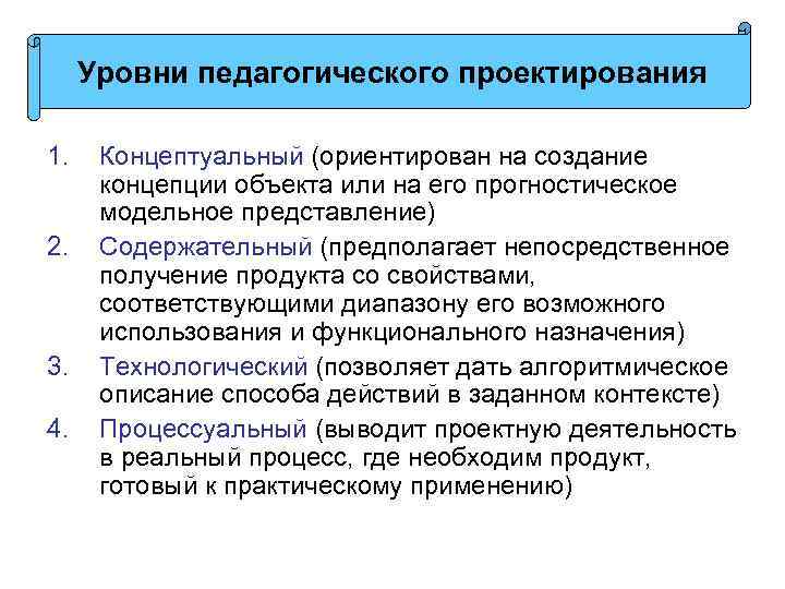 Уровни педагогического проектирования 1. 2. 3. 4. Концептуальный (ориентирован на создание концепции объекта или