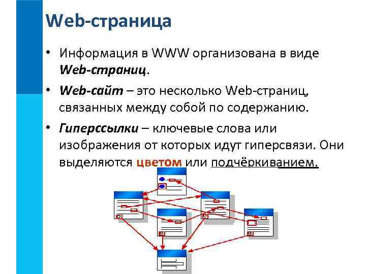 Web-страница • Информация в WWW организована в виде Web-страниц. • Web-сайт – это несколько