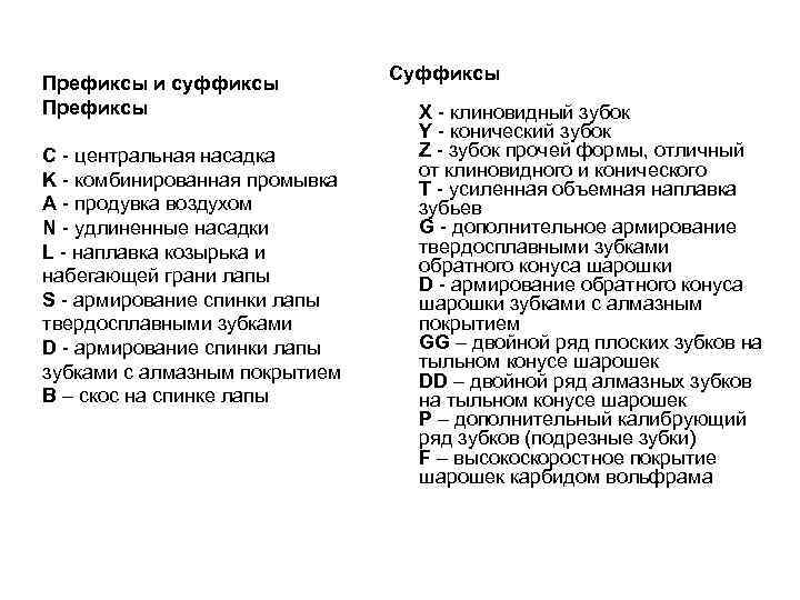 Префиксы и суффиксы Префиксы C - центральная насадка K - комбинированная промывка A -