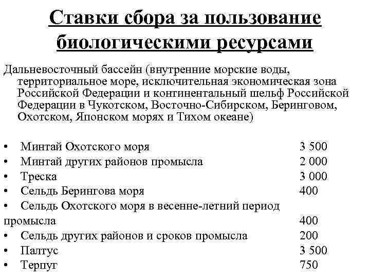 Ставки сбора за пользование биологическими ресурсами Дальневосточный бассейн (внутренние морские воды, территориальное море, исключительная