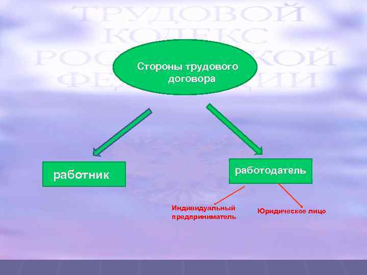 Стороны трудового договора работник работодатель Индивидуальный предприниматель Юридическое лицо 