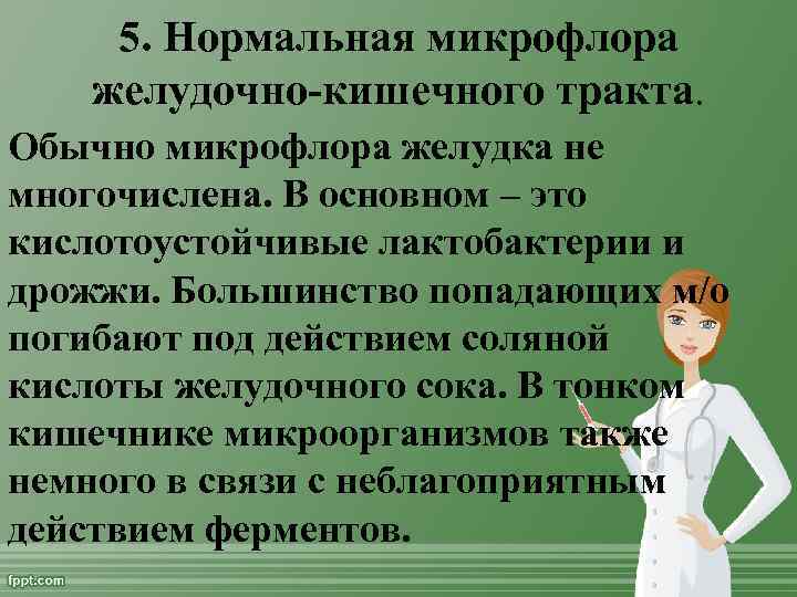 5. Нормальная микрофлора желудочно кишечного тракта. Обычно микрофлора желудка не многочислена. В основном –