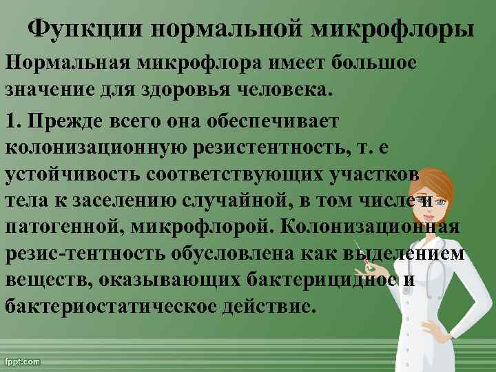 Функции нормальной микрофлоры Нормальная микрофлора имеет большое значение для здоровья человека. 1. Прежде всего