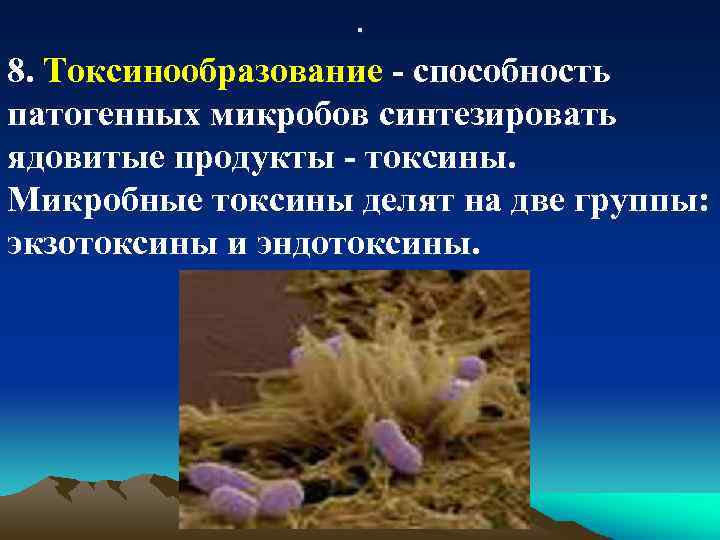 . 8. Токсинообразование - способность патогенных микробов синтезировать ядовитые продукты - токсины. Микробные токсины