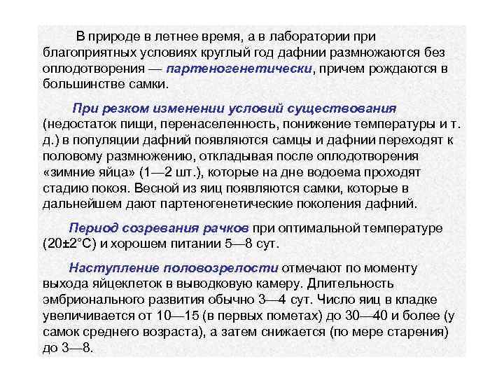 В природе в летнее время, а в лаборатории при благоприятных условиях круглый год дафнии